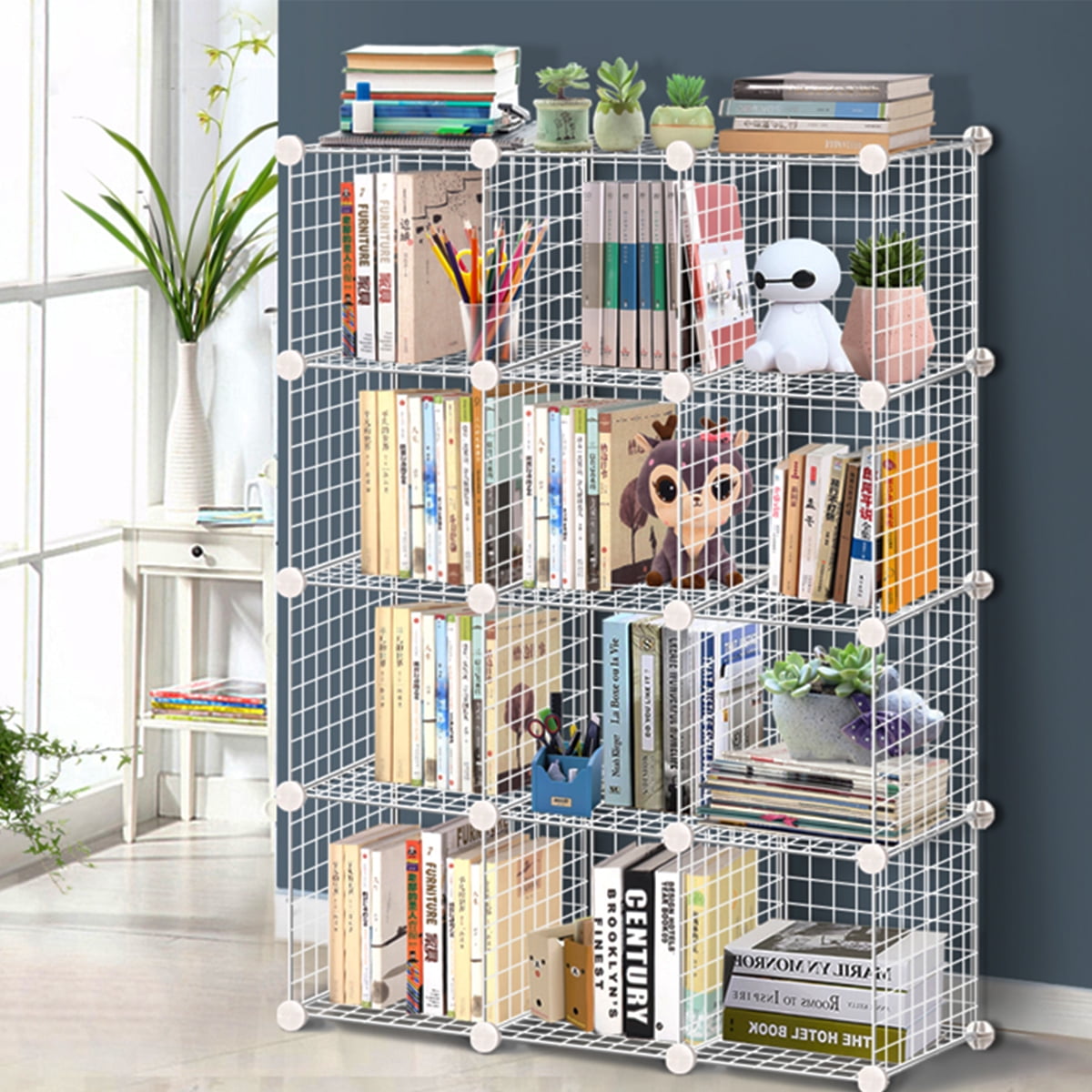 Multi Use DIY 12 Cube Wire Grid Organizer, Bookcase, Bookshelf, Storage