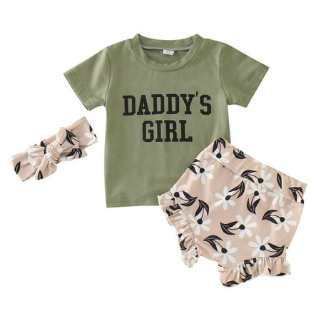 

B91xZ Girls Outfit Sets Infant Girls Short Sleeve Tops Floral Prints Shorts Romper Bodysuit Headbands Outfits Green Sizes 2-3 Years