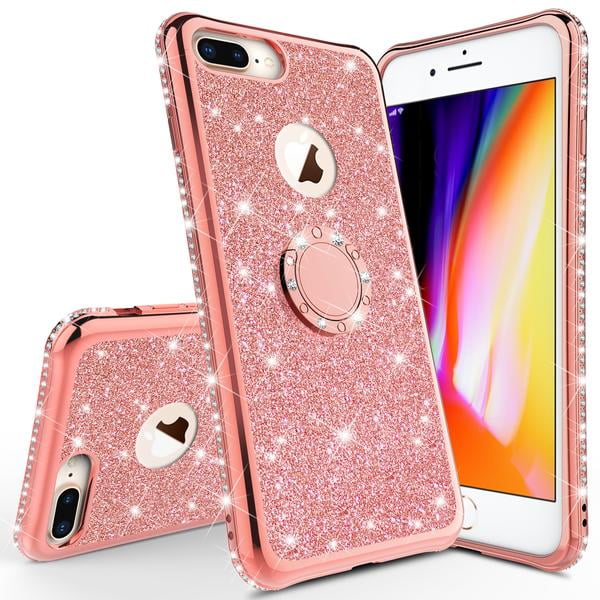 Omorro for iPhone 8 Plus/iPhone 7 Plus Case for Women Ring Holder, 360 TPU  Rotation Kickstand Rings Cases with Stand Glitter Plating Rose Gold Slim