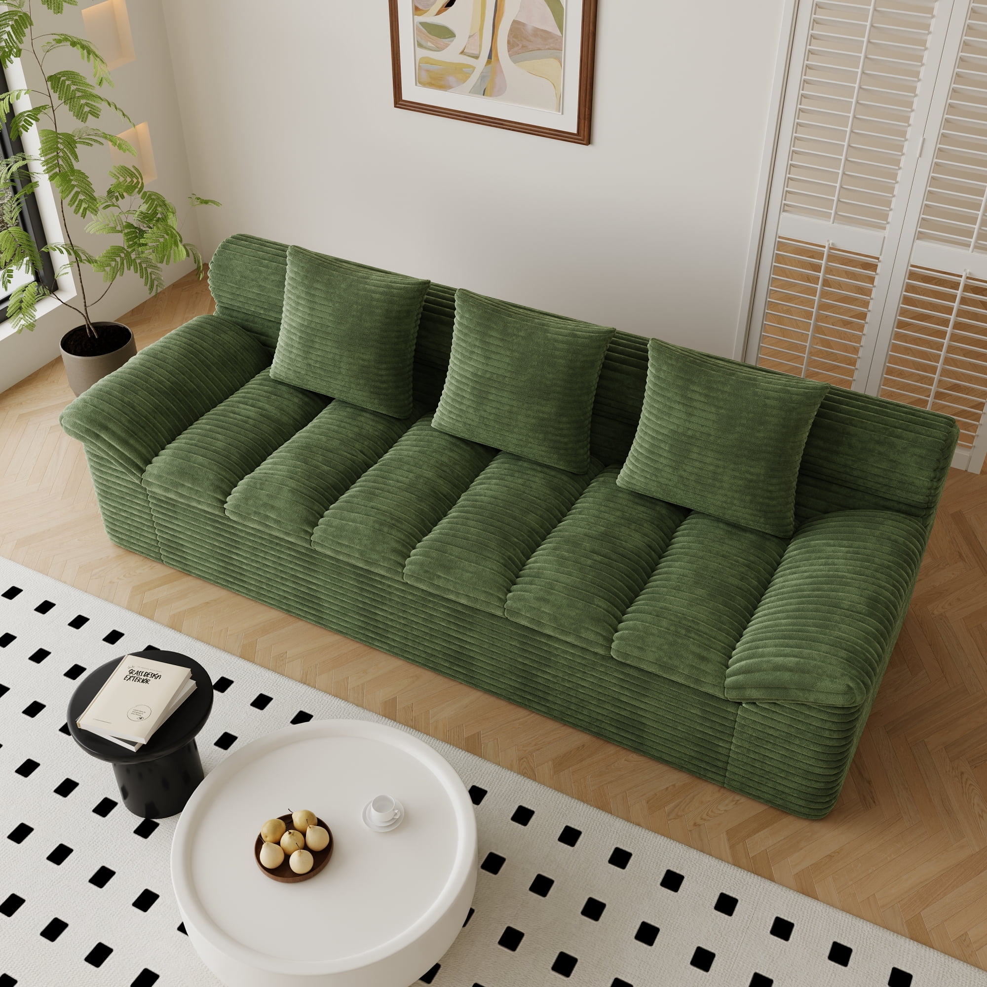Leumius 3 Seater Boneless Couch for Living Room, Upholstered Corduroy Fabric Loveseat Couch with Deep Seats,Cloud Sofa for Living Room,No Assembly Required,Antique Green