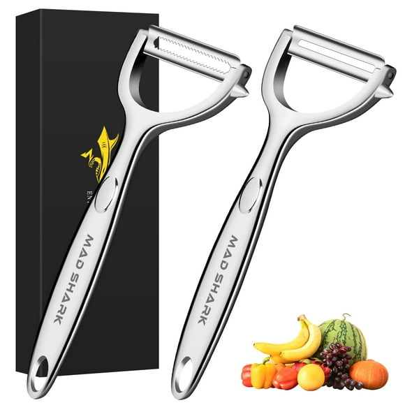 MAD SHARK Ultra Sharp Vegetable peelers for Kitchen – 10 Years No-Rust Stainless Steel Serrated Potato Peeler Easy to Use Y Peeler with Durable Non-Slip Ergonomic Grips for Carrots, Fruits, Veg