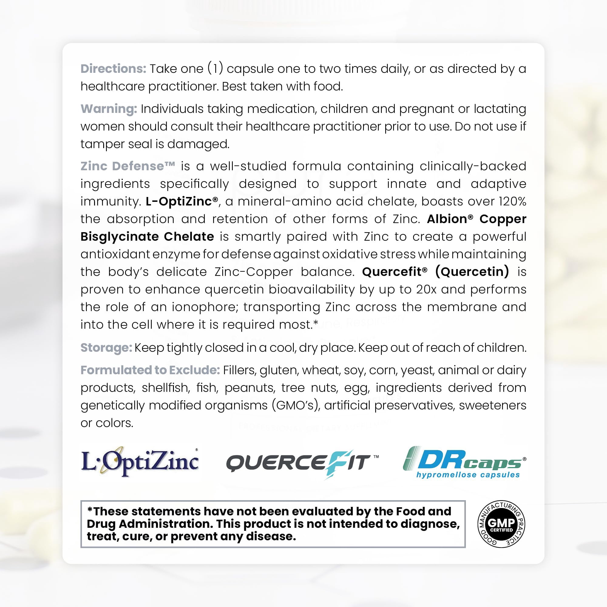 Zinc Defense | Zinc + Copper + Quercetin | 60 Servings in Vegan Capsules | L-OptiZinc & Quercefit Ionophore | Chelated Minerals | Immune, Gut, & Hormonal Balance Support