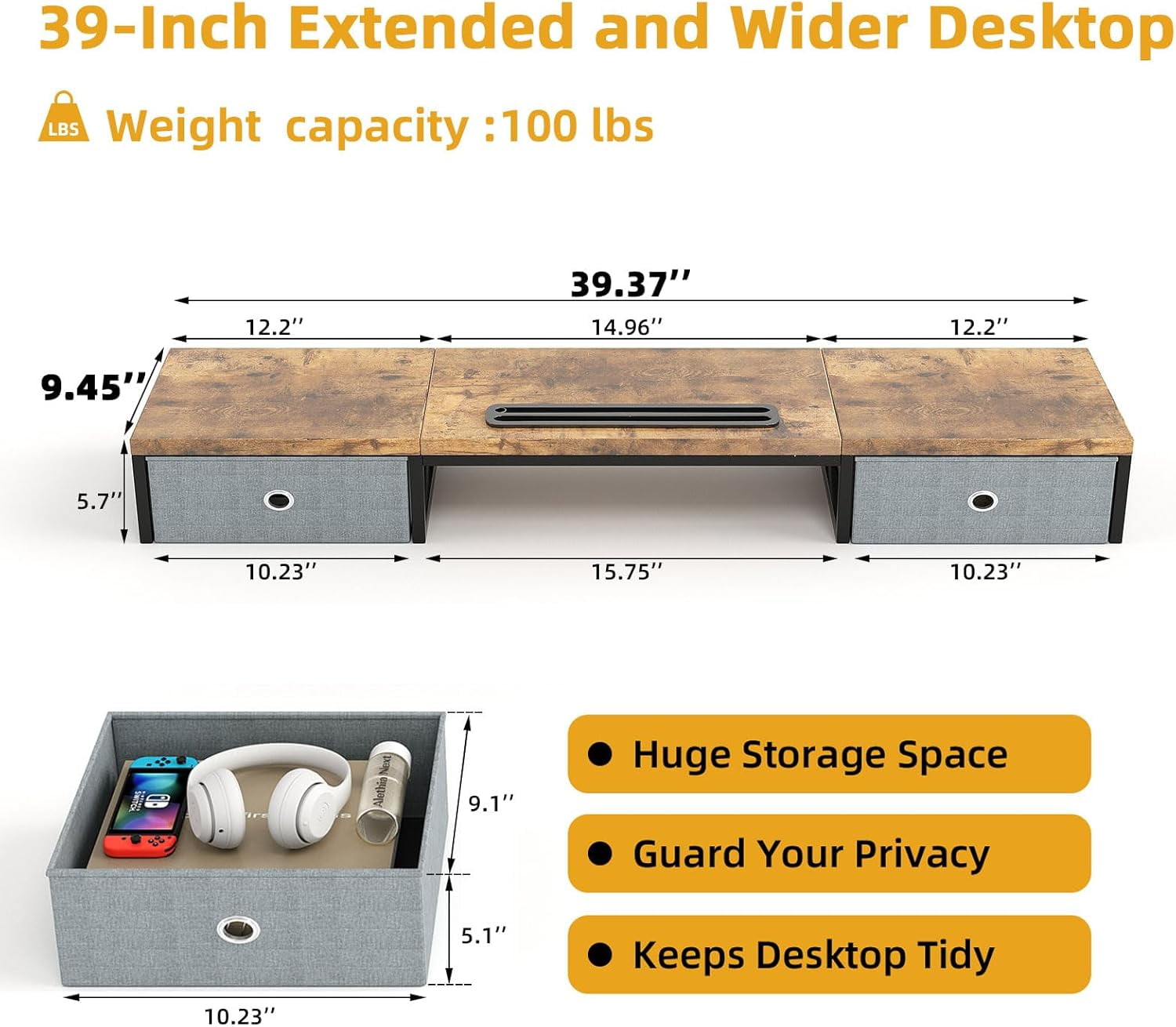 Dual Monitor Stand Riser with 2 Drawers - 39Inch Large Storage Computer Monitor Stands for 2 Monitors, Wooden Desktop Organizer Perfect for Home Office Desk, Computer, Laptop, TV, Rustic Brown