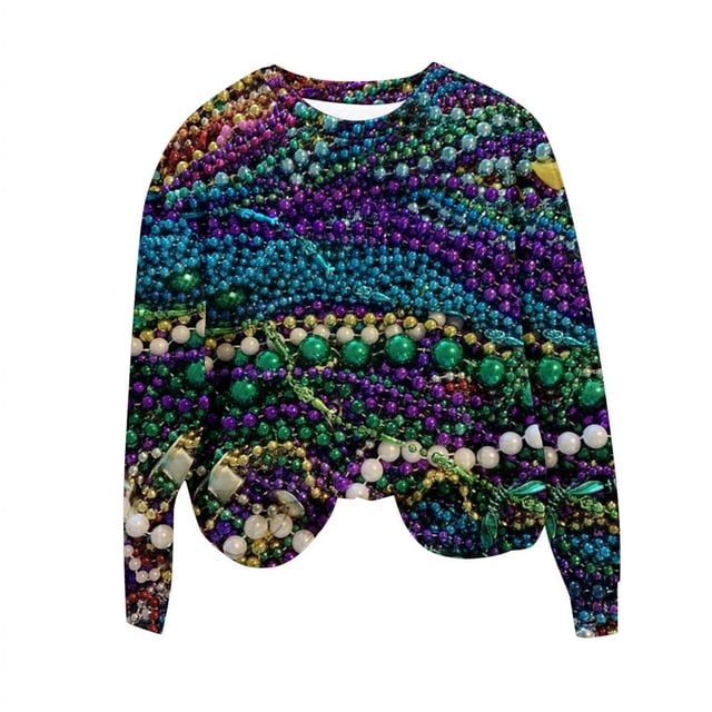 MSJUHEG Chandail en Molleton Mardi pour Femmes, Chandails à Capuchon pour Femmes, Chandails à Capuchon Graphiques, Col Rond Imprimé Carnaval Manches Longues Chandail en Molleton Sans Capuche Violet Vert et Or Chandails à Capuchon, Vêtements Mardi Gras Noir2TG