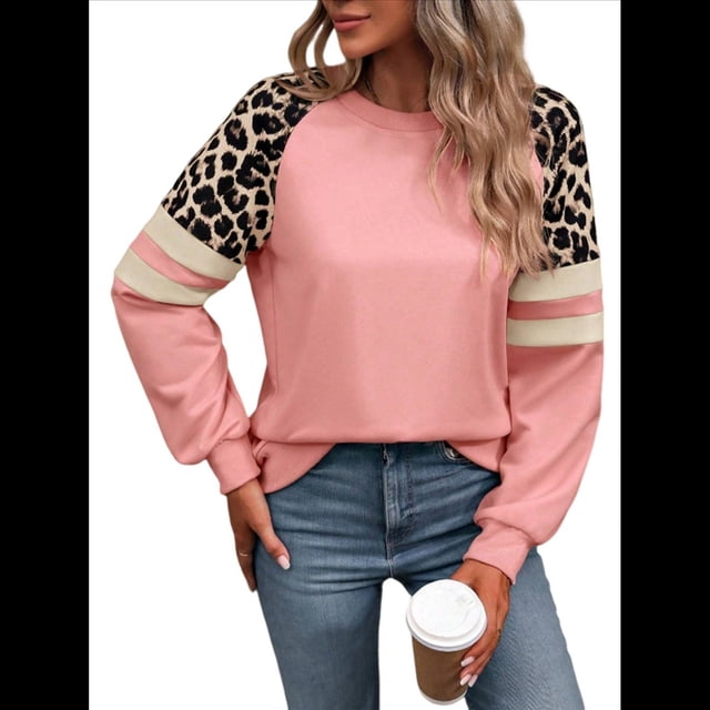 Camisas de Larga con Estampado de Leopardo para Mujer, Sudaderas Informales de Otoño con Cuello Redondo y Bloques de Color Rosa S