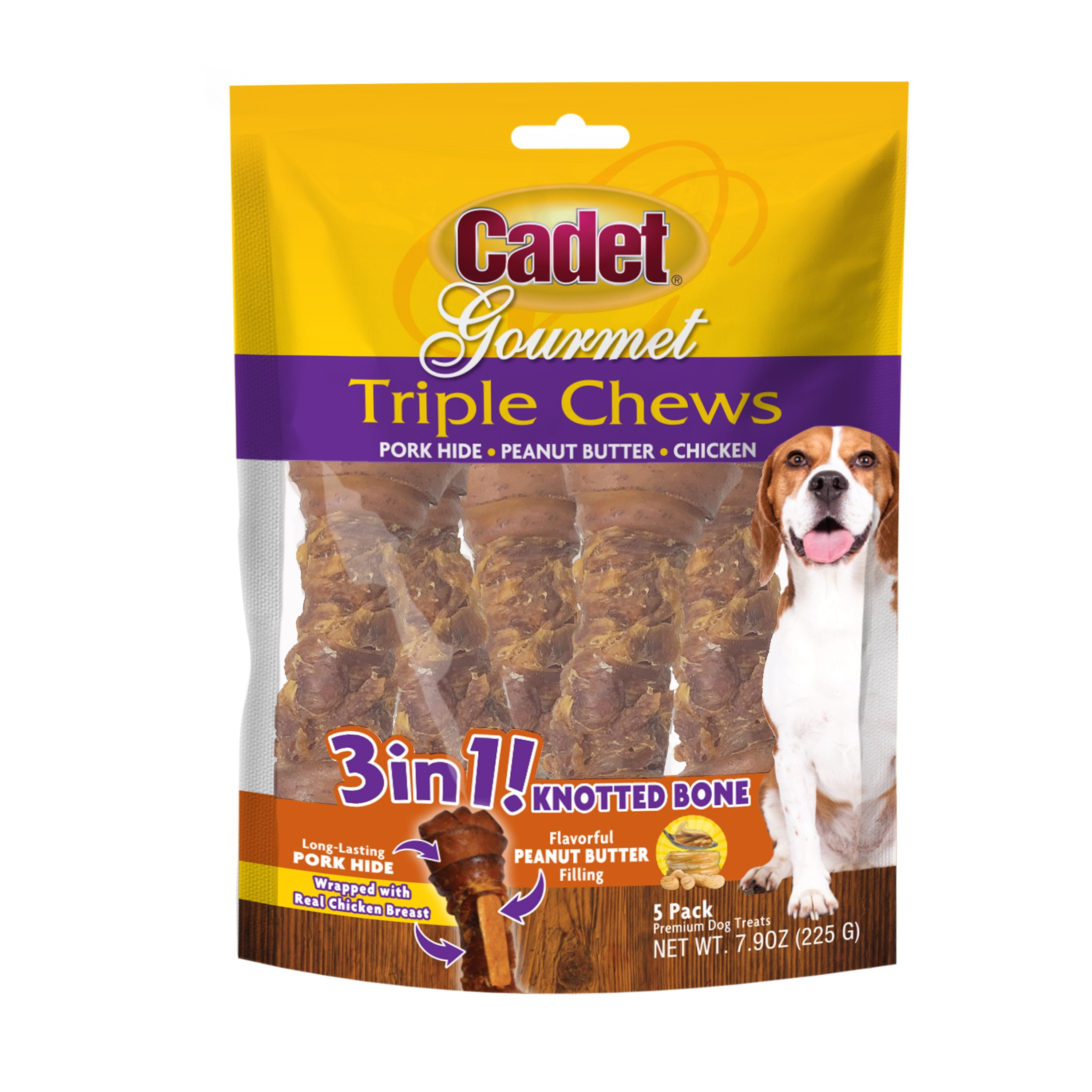 Cadet Triple Chew Pork Hide Knotted Bones for Dogs Chicken and Peanut