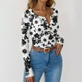 thumbnail image 6 of Women Ribbed Knit Long Sleeve Henley Shirts Button V Neck Floral Print Slim Fit Tunic Blouse Knitted Tops, 6 of 6