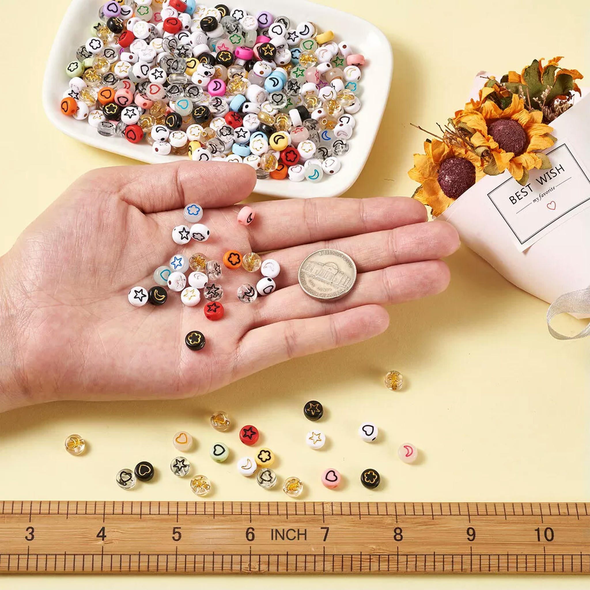 U8MO 940pc 7mm Flat Round with Moon Heart Flower Star Acrylic Pony Disc Spacer Beads