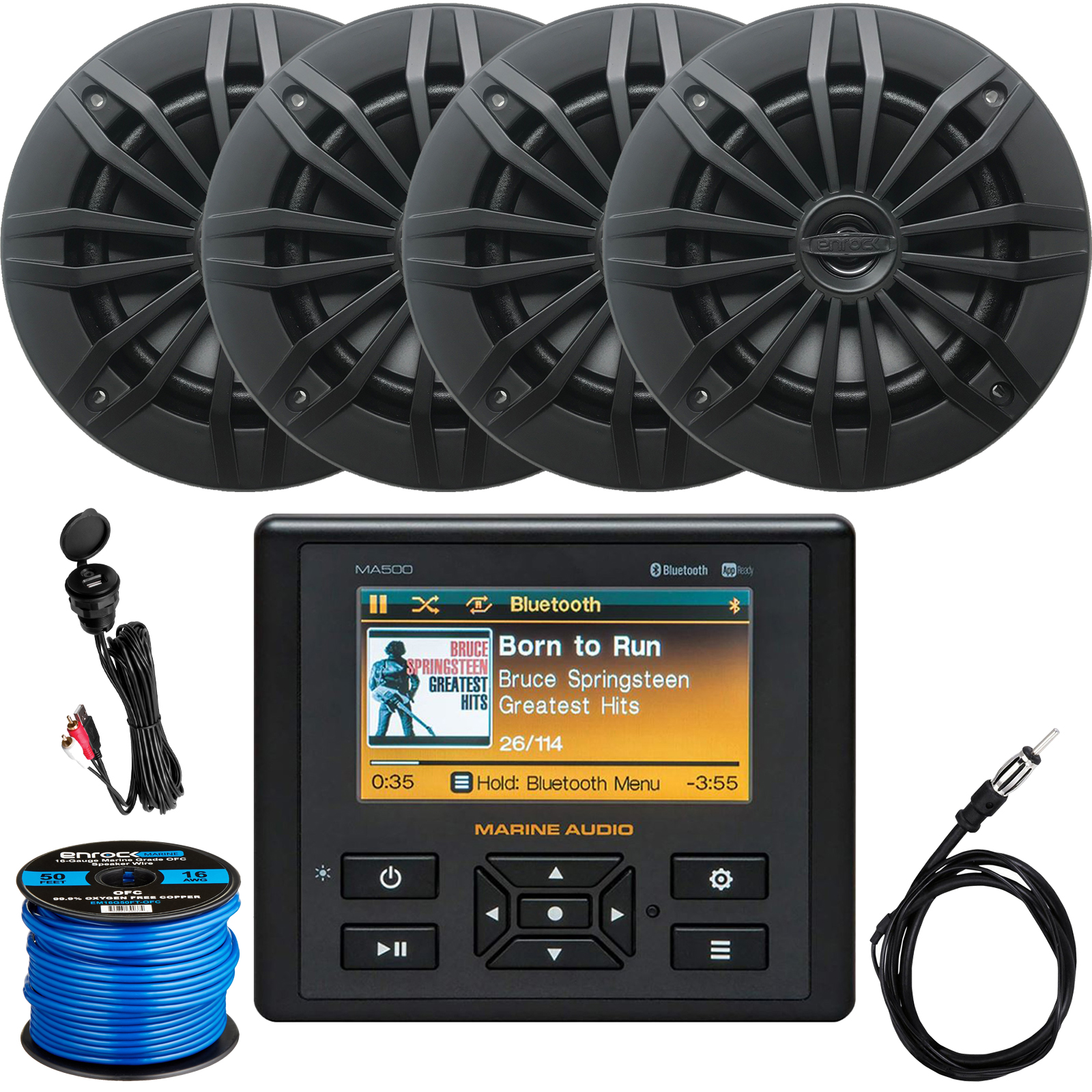 Marine Audio AM/FM USB Bluetooth Waterproof Stereo, 4 x Enrock 6.5" 2