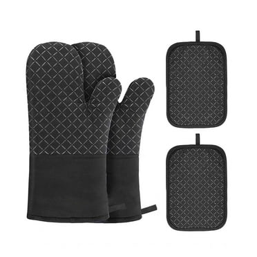 4 pcs Silicone Oven Mitts and Pot Holders Sets, High Heat Resistant Kitchen Oven Glove and Pan Racks, Extra Long Oven Mitts and Potholders with Non-Slip Silicone Surface for Baking Cooking, Black