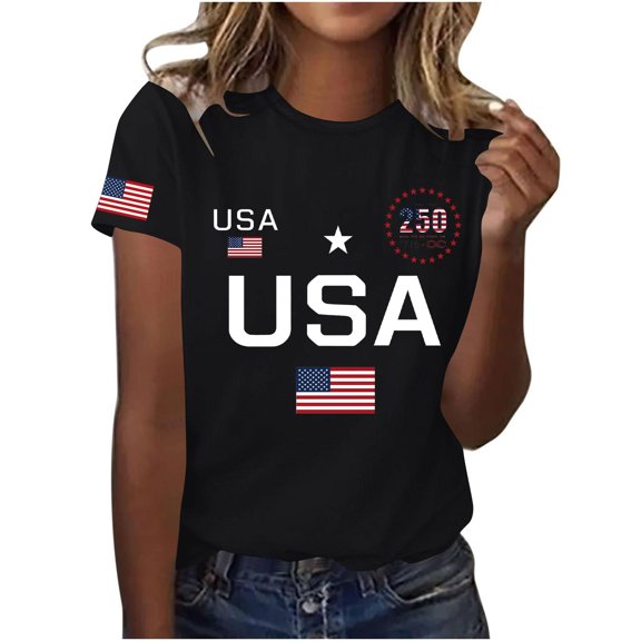 Women's Independence Day T-Shirt American Flag 4th of July Print Tops Short Sleeve Crew Neck Casual Tees Multicolor