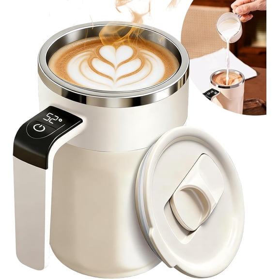Automatic Stirring Mug with Temperature Display,2026 Rechargeable Electric Coffee Cup, Stainless Steel Auto-Stirring Mug with Lid for Hot & Cold Beverages (White)