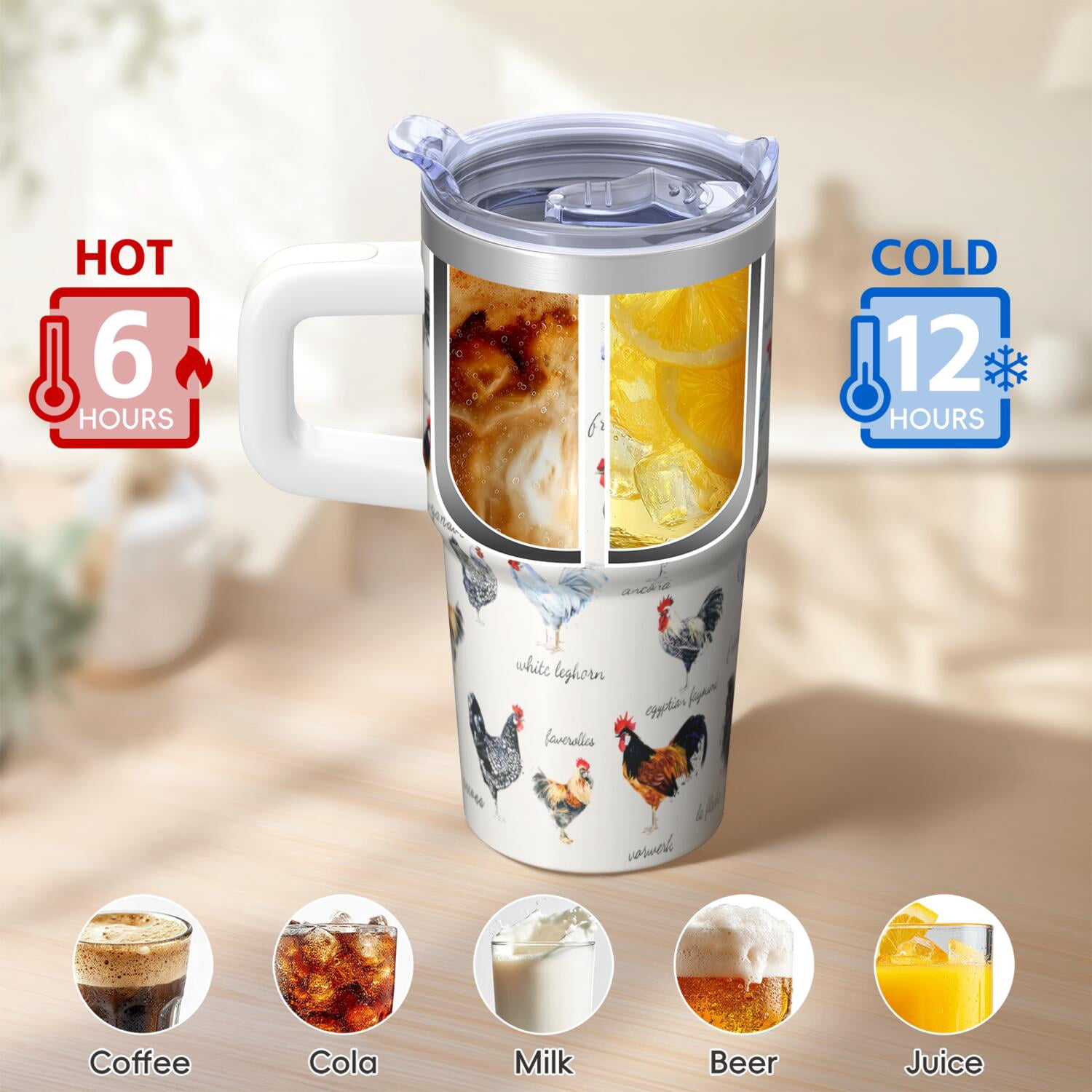 20oz Hen Chicken Tumbler with Handle Insulated Travel Mug Cool Birthday Christmas Gift for Chicken Lovers Women Men Cup Holder Friendly Wide Mouth for Ice Hot Tea Cold Water On the Go Trips