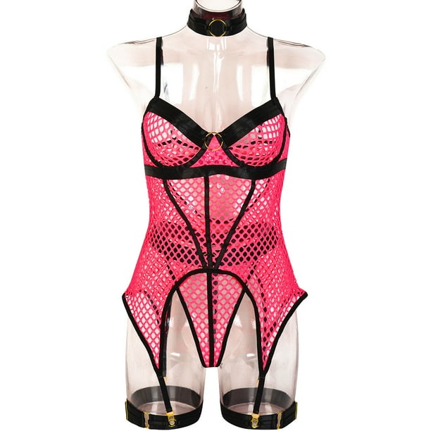 Falda sexy europea y americana de 3 piezas con costura de malla grande y anillo de acero para el cuello y la pierna, ropa interior 3367