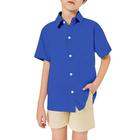 Kiijoy Boys Solid Color Short Sleeve Shirt Versatile Casual Button-Down Shirt Sizes 5-6
