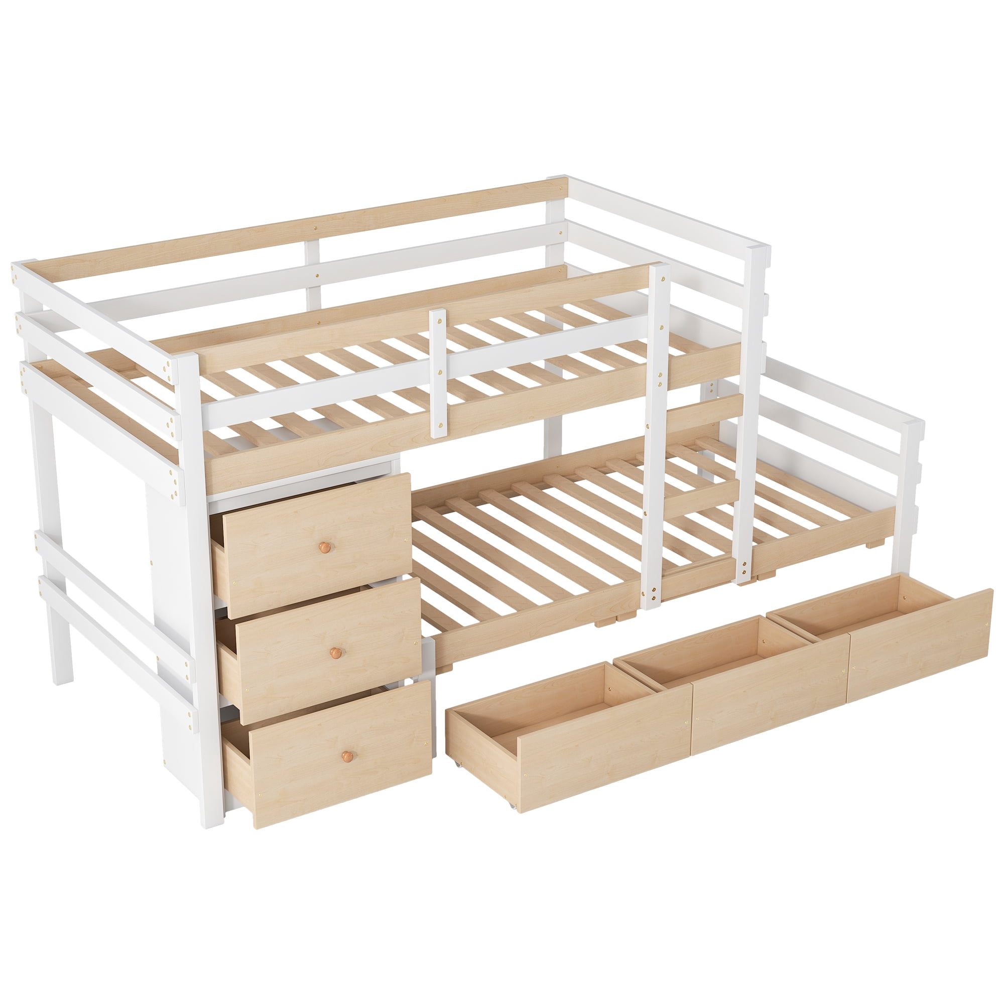 Euroco Wood Twin over Twin Bunk Bed with 6 Drawers, Natural