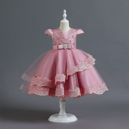 

3-12T Toddler Kids Floral Girls Dresses Wedding Dress Lace Tulle Vintage Dresses Pink-1 7-8 Years