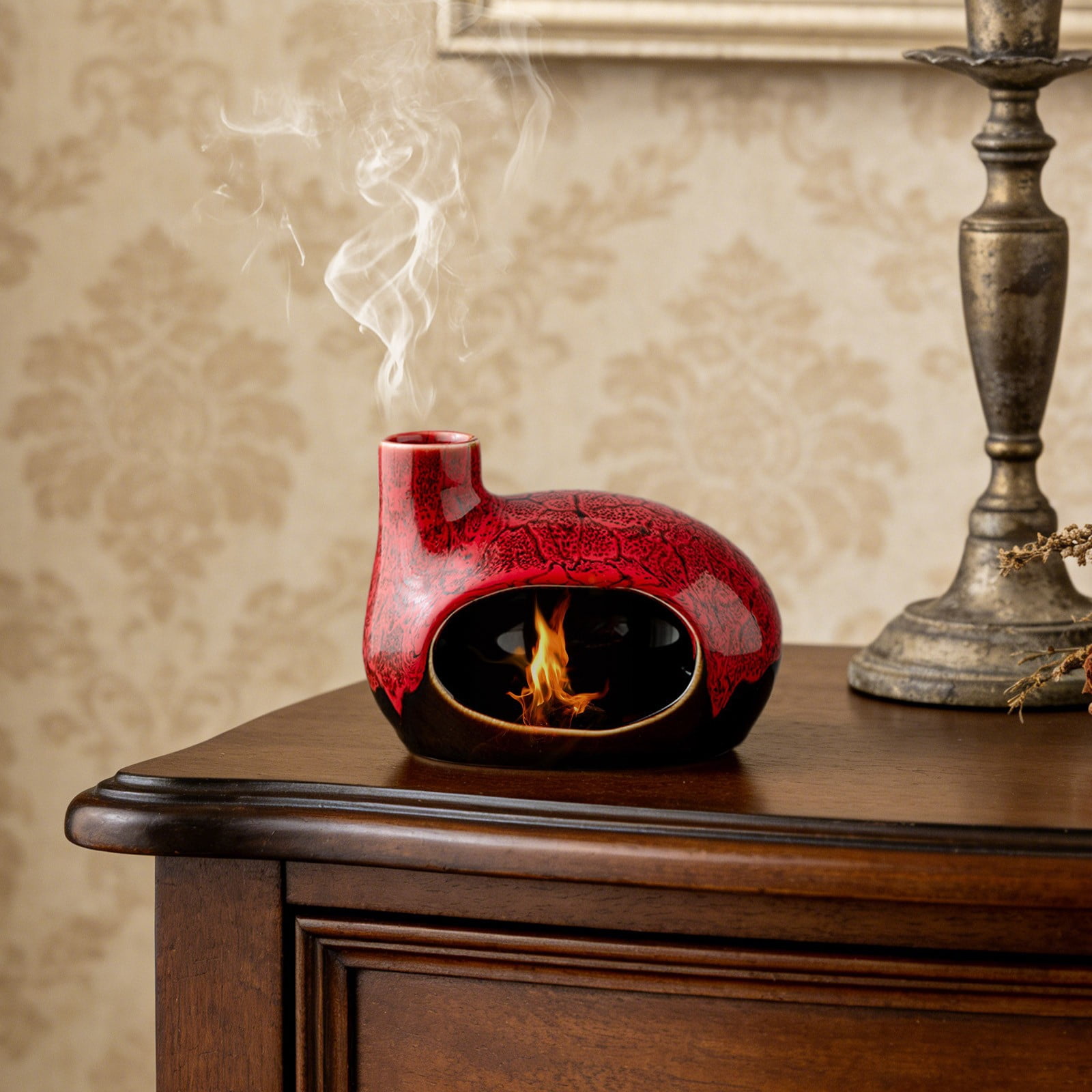 Handcrafted Ceramic House-Shaped Incense Burner with Chimney, Red Glaze Palo Santo and Sage Holder for Home Decor and Gifting