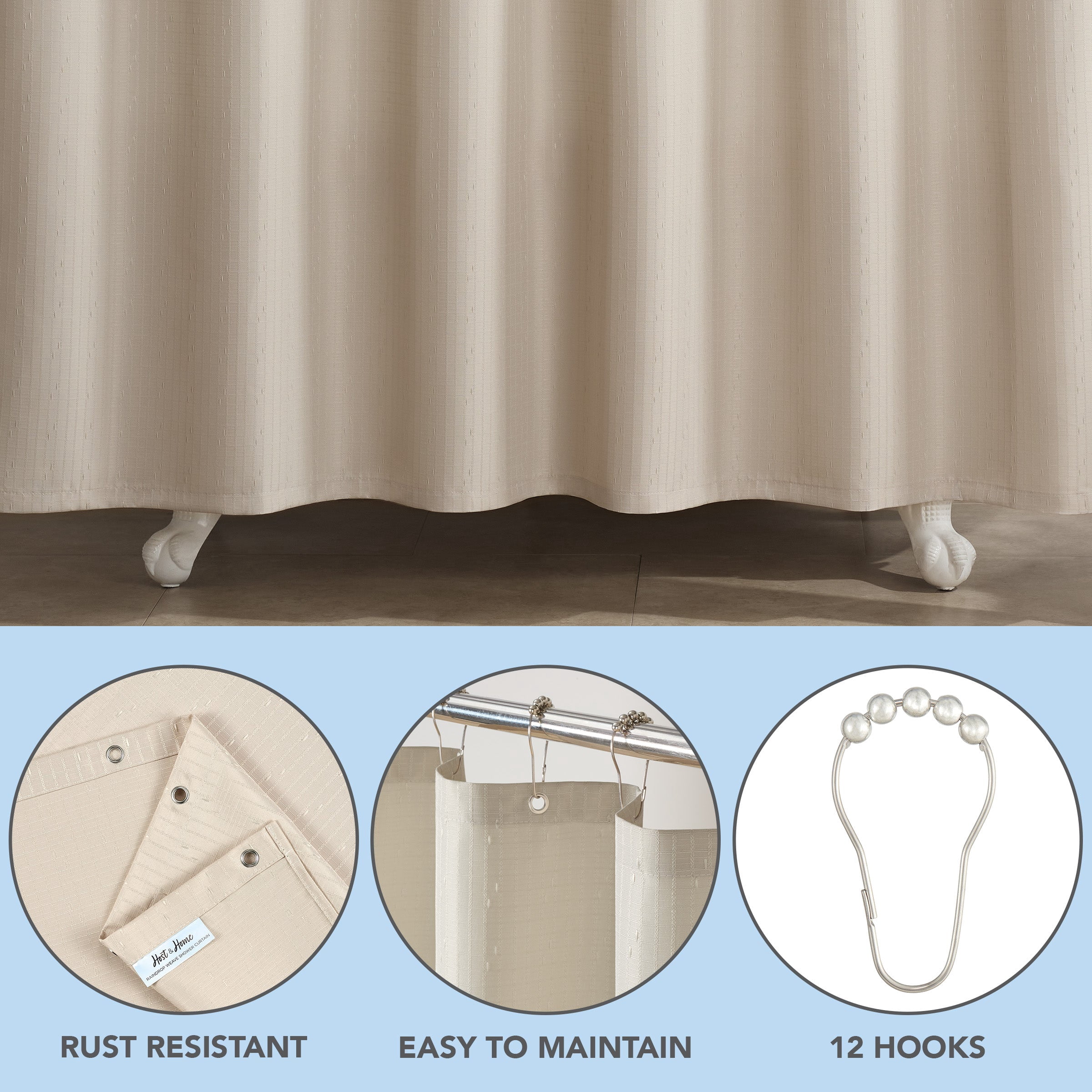Host & Home Shower Curtain Set (Bulk Case of 12) - 72x72, Raindrop Pattern, Beige