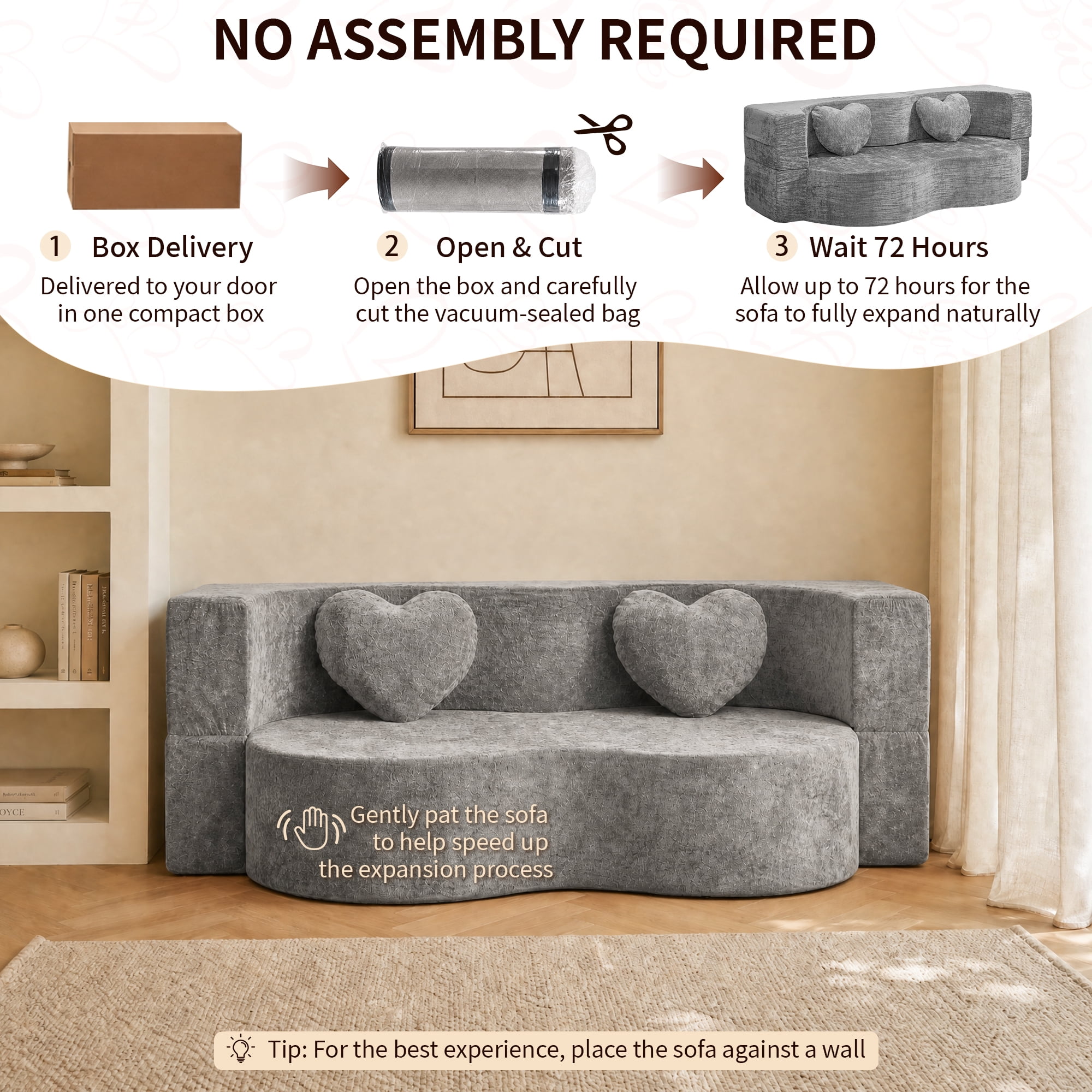 78.74"W Heart-Shaped Convertible Sofa,Floor Couch,Sleeper Sofa Bed,No Assembly High-Density Sponge Loveseat with 2 Heart Pillows for Living Room, Apartment,Silver Gray