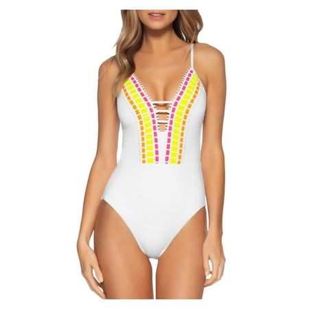 Becca by Rebecca Virtue Womens Tie Back Picot Trim One-Piece Swimsuit White L