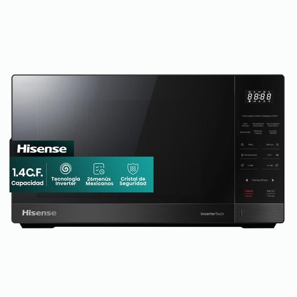 Hisense 1.4 C.F. Microondas, Tecnología Inverter, 26menús mexicanos preestablecidos, Revestimiento Cerámico, ECO y Mute, Cocina Inteligente, Bloqueo Infantil, Acero inoxidable negro, HMMS3411DSV