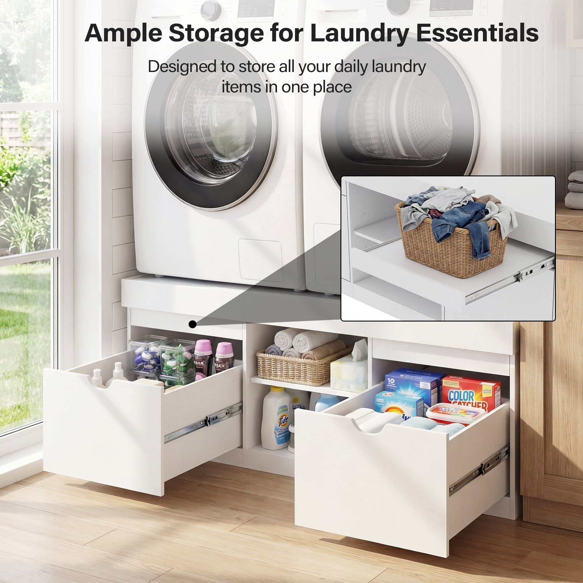 Advwin 57" Washer and Dryer Pedestal, Heavy Duty Washing Machine Stand with Laundry Basket Shelf, Large Drawers & Adjustable Storage Shelf, Universal Fit Anti-Vibration Laundry Pedestal, White
