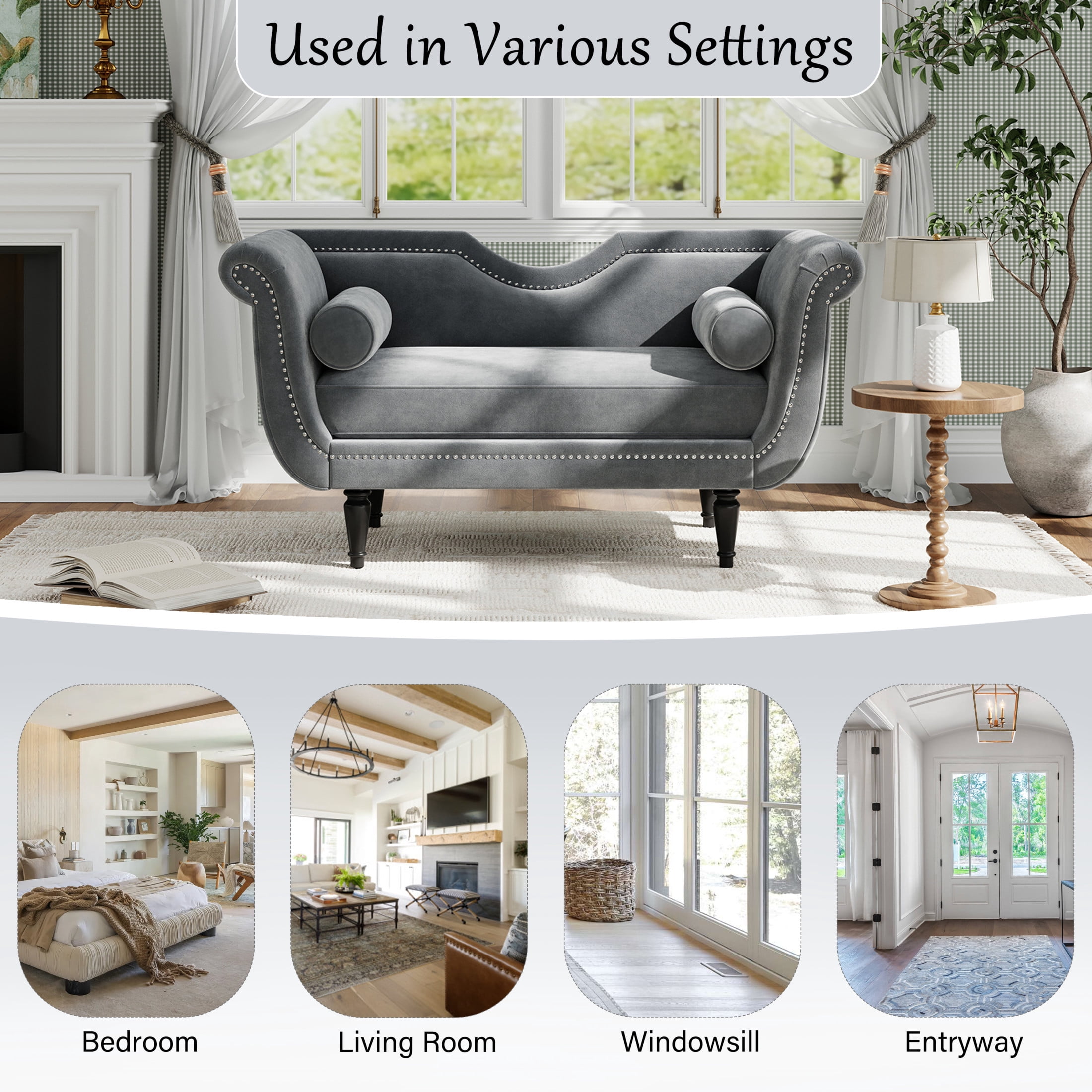 Christopher Knight Home 53" Luxury Velvet Upholstered Bench with Nailhead Trim and Curved Arms, 2 Pillows, Gray