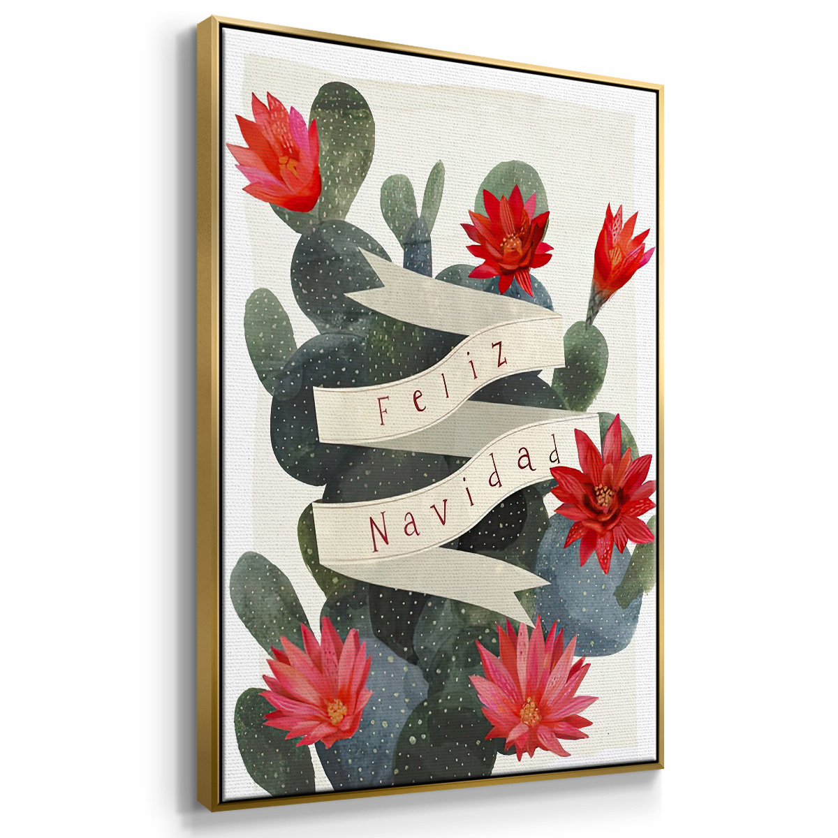 Desert Christmas Cactus I - Framed Gallery Wrapped Holiday Canvas - 17 x 25 - Gold Frame