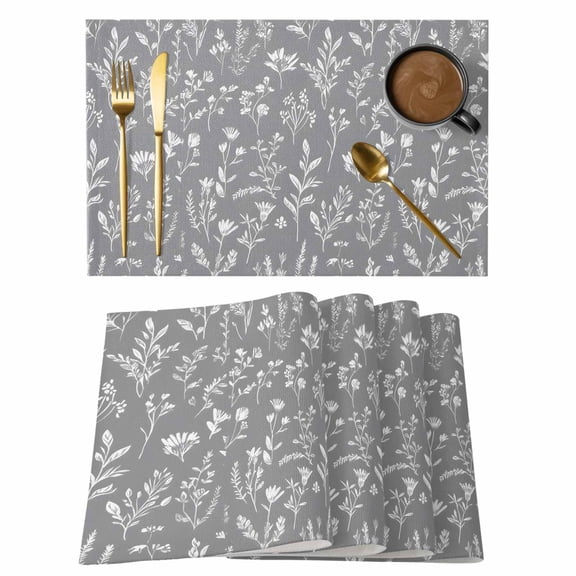 White Flowers Placemats Set of 6 Gray Background Place Mats Table Mats Kitchen Dining Home Outdoor Party Table Decoration
