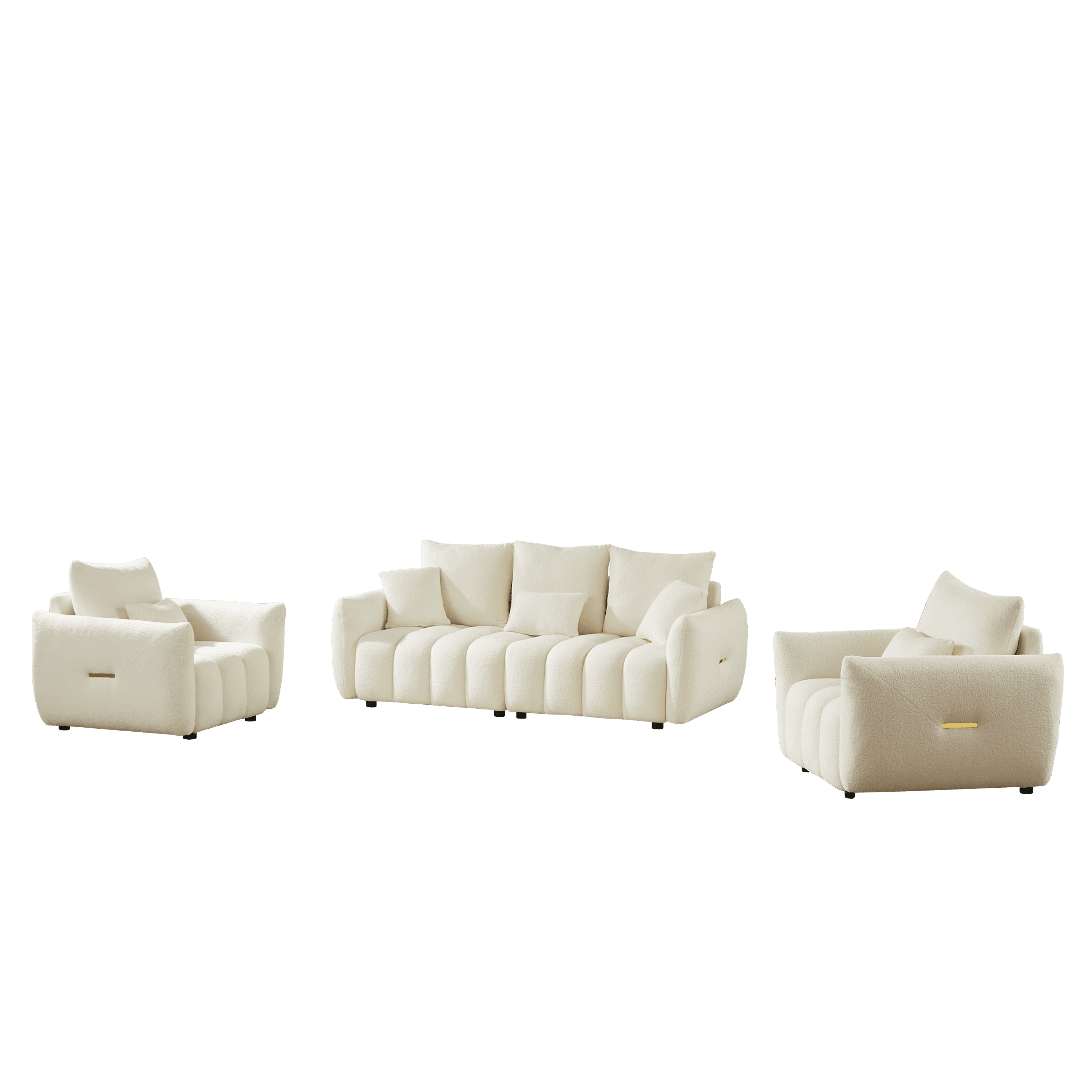 Combo Sofa Set 3+1+1 Seater with 5 Cushions, Teddy Fleece Wooden Frame Modern Living Room Sofa for Apartment, Beige
