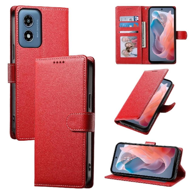 Case for FOXDOCK Motorola Moto G Play 2024 4G Wallet Case in premium red leather. Features include 3 card slots, a cash compartment, and a built-in stand for hands-free viewing. The shockproof design offers enhanced drop protection, combining style and functionality for business professionals.