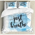 thumbnail image 1 of Just Breathe Queen Size Duvet Cover Set, Hand Writing Style Phrase on Pale Blue Grungy Brushstrokes Backdrop, Decorative 3 Piece Bedding Set with 2 Pillow Shams, Pale Blue Black White, by Ambesonne, 1 of 3