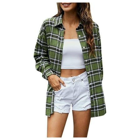 

Hwmodou Womens Casual Jackets Long Sleeve Casual Retro Plaid Printed Outwear Lapel Plush Shirt Top Sleeved Coat Jackets For Women