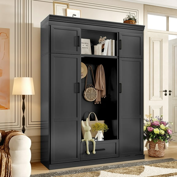 YINGYING Hall Tree with Bench and 3 Hooks, Modern Entryway Bench with Coat Rack and Storage Drawer & Adjustable Shelves