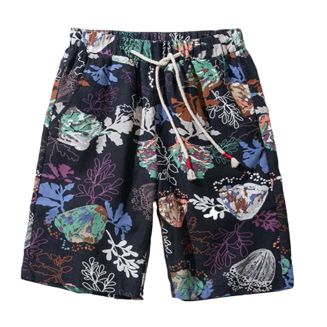 Men Drawstring Cotton and Linen Floral Ethnic Style Beach Casual Trouser Shorts Gray XXL