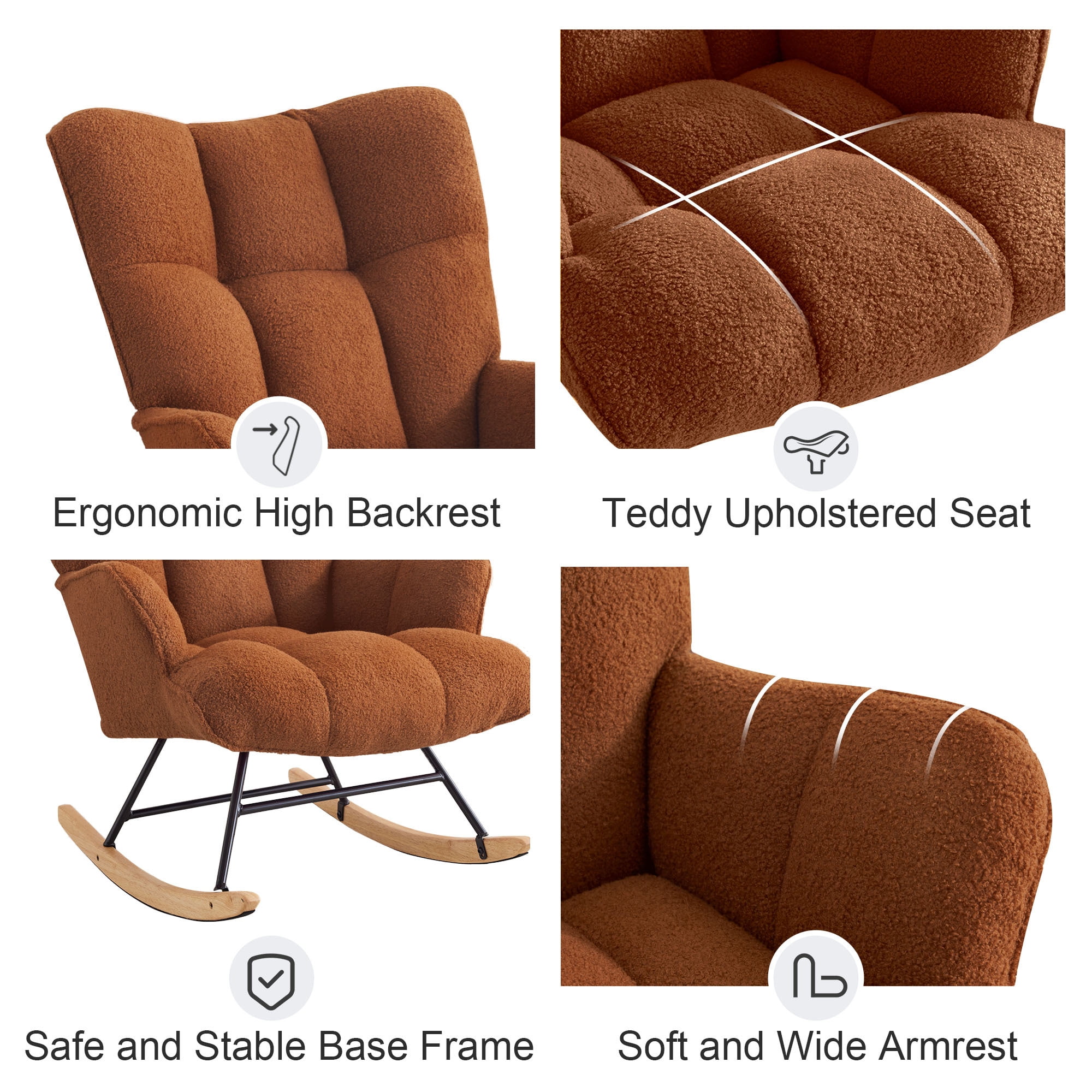 SAETSFEG Rocking Chair Nursery Teddy Upholstered Glider Rocker Rocking Accent Chair Padded Seat with High Backrest Armchair Comfy Side Chair for Living Room, Bedroom, Brown