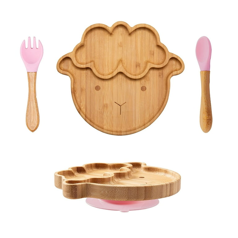 Baby Bamboo Suction Plates Set with Spoons Fork Baby Food Dishes Feeding Set for Led Weaning Plate Baby Utensils Set BPA Free Pink