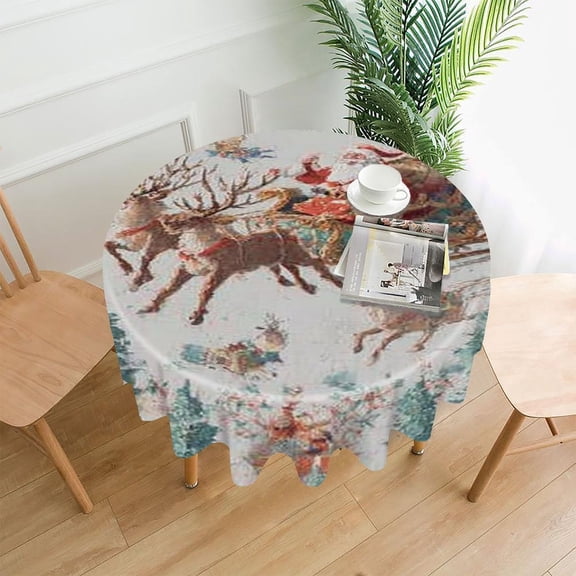 RKSupls 60 Inch Round Tablecloth, Santa Sleigh Reindeer Premium Polyester Straight Edge Wrinkle Resistant Washable Table Cover for Party Home Dining Decor