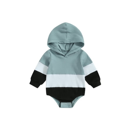 

Qtinghua Infant Toddler Baby Boy Long Sleeve Jumpsuit Contrast Color Ribbed Hooded Rompers Fall Clothes Blue 6-12 Months