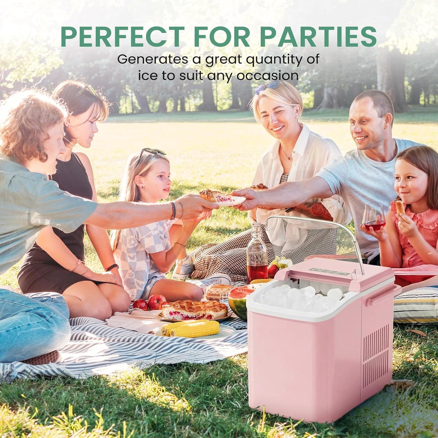 Portable Ice Maker Machine Countertop with Handle, 9 Bullet Ice Cubes in 6 Minutes, 26lbs Daily, Auto-Cleaning, Includes Basket and Scoop, for Home Kitchen RV Camping Light Pink