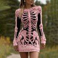 thumbnail image 4 of Costeam Womens Halloween Skeleton Print Bodycon Mini Dress Crew Neck Long Sleeve Floral Lace Detail Gothic Slim Fit Party Club Short Costume Dresses, 4 of 5
