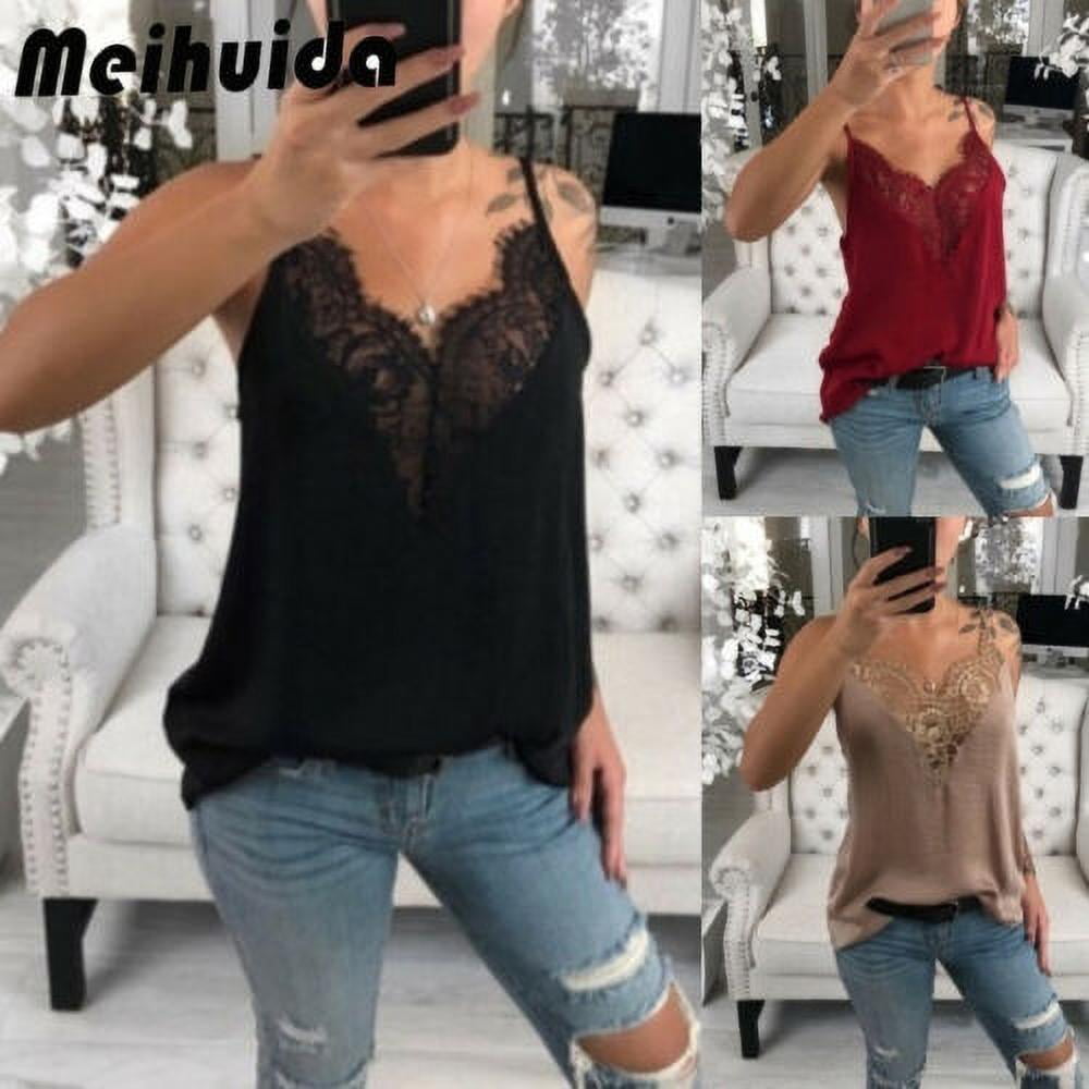 Women Lace Vest Sleeveless Loose Camisole Casual V-Neck Tank Tops Blouse T-Shirt