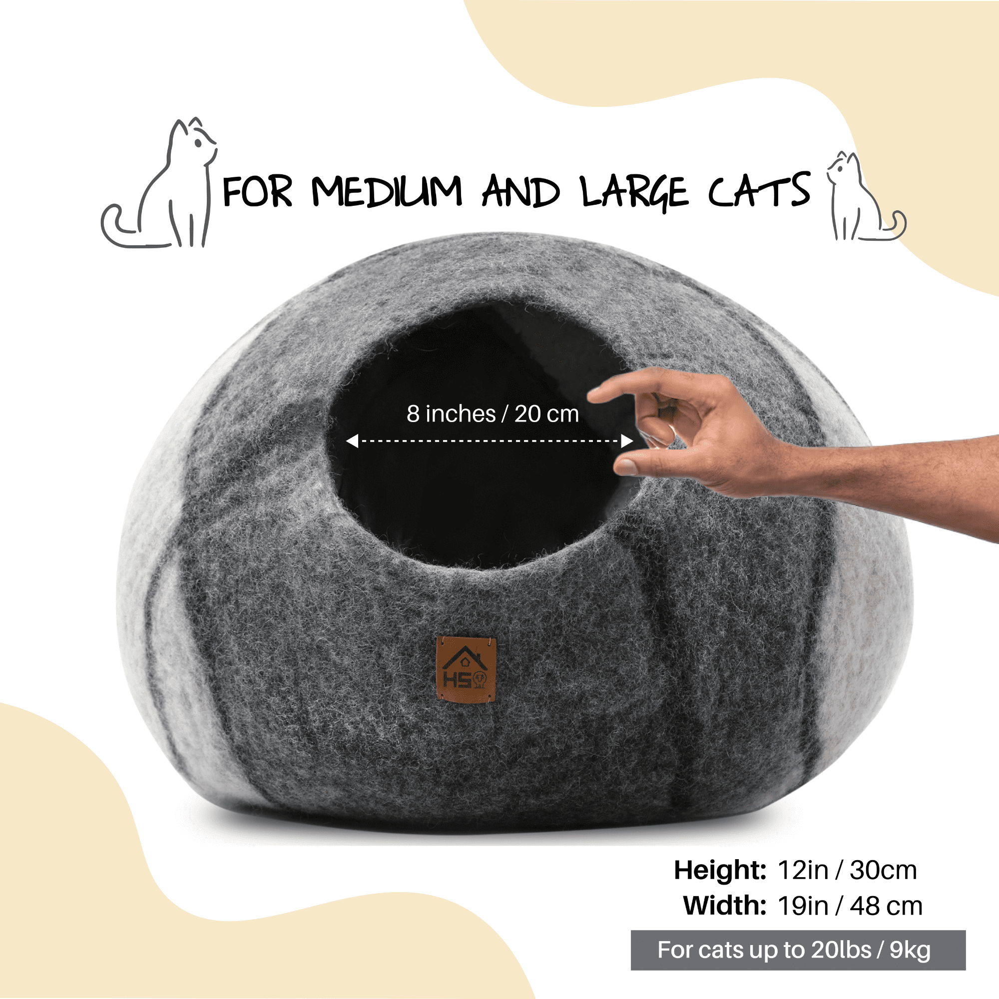 HAUSSIMPLE Wool Cat Cave Bed for Large Cats, Pet Sleeping Bed Natural 100% Merino Wool - Gray White