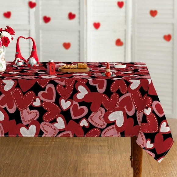 Valentine''s Day Tablecloth 60×60 Inch Square, Red Love Hearts Black Washable Table Cover for Party Picnic Dinner Decor