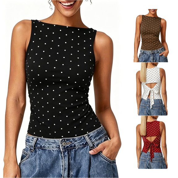 oqasdz Tank Tops for Women Polka Dot Print Crewneck Ruffle Tank Top Slim Fit Camisole Shirt for Ladies Trendy Work Business Summer Outdoor,Black,XL