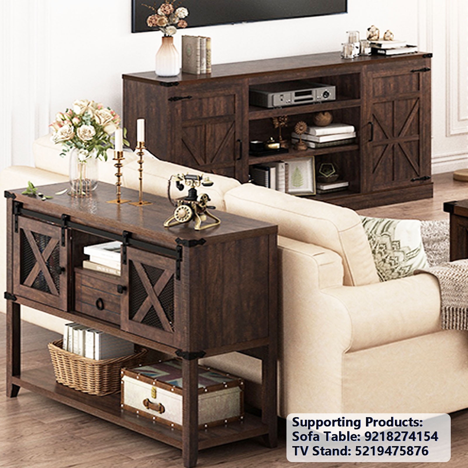 ANPOO Rustic Sofa Table, Large Console Table Entryway Table with 2 Barn Door Cabinets & 1 Drawer for Living Room