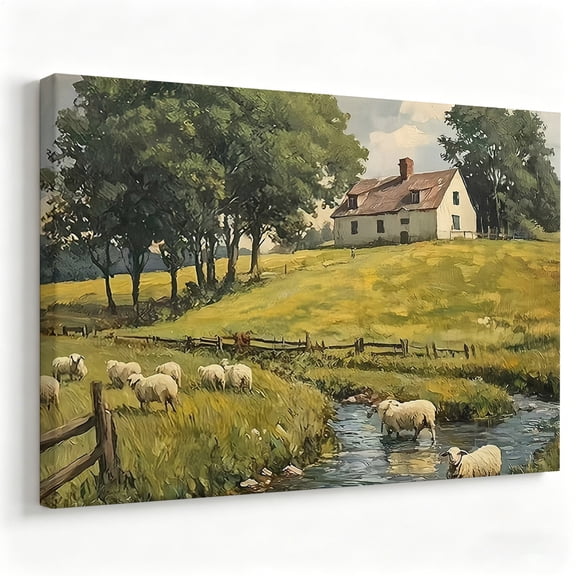 Rustic Sheep Farmhouse Canvas Wall Art, Countryside Landscape Painting With Barn And Stream, Vintage Rural Farm Decor, Country Home Decoration 8*12