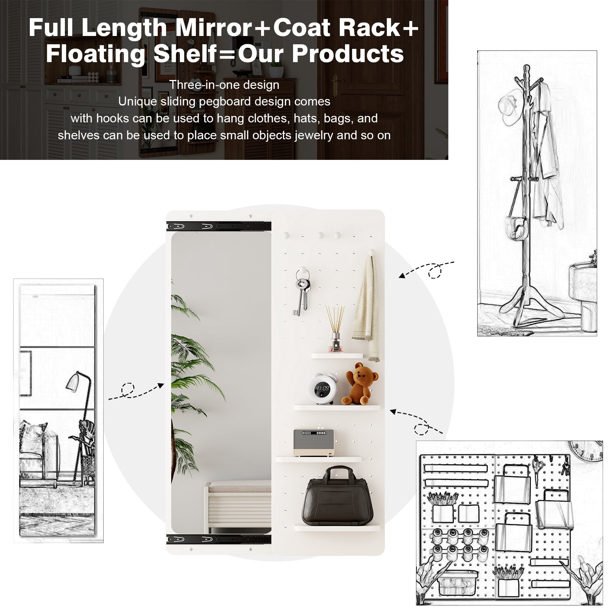 Leumius Wall Mounted Full Length Mirror,Full Body Mirror with Shelf,Multifunctional Wall Mounted Mirror with Hideable mirror for Entrance,Bedroom,Living Room,White