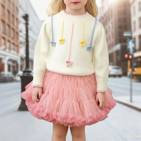 HAYIMI Kids Outfit Sets Girls Sweater Protruding Skirt Floral Puffy Skirt Knitted Stylish Child O-Neck Cartoon Clothes Sets